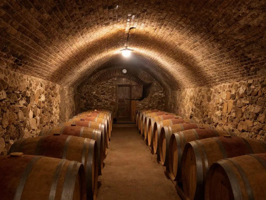 Pivniță boltită din cărămidă și piatră, cu butoaie de stejar aliniate