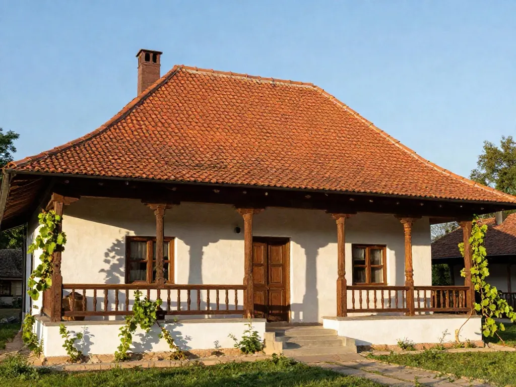 Casa familiei Voinea, cu pereți albi, prispă de lemn și acoperiș de țiglă